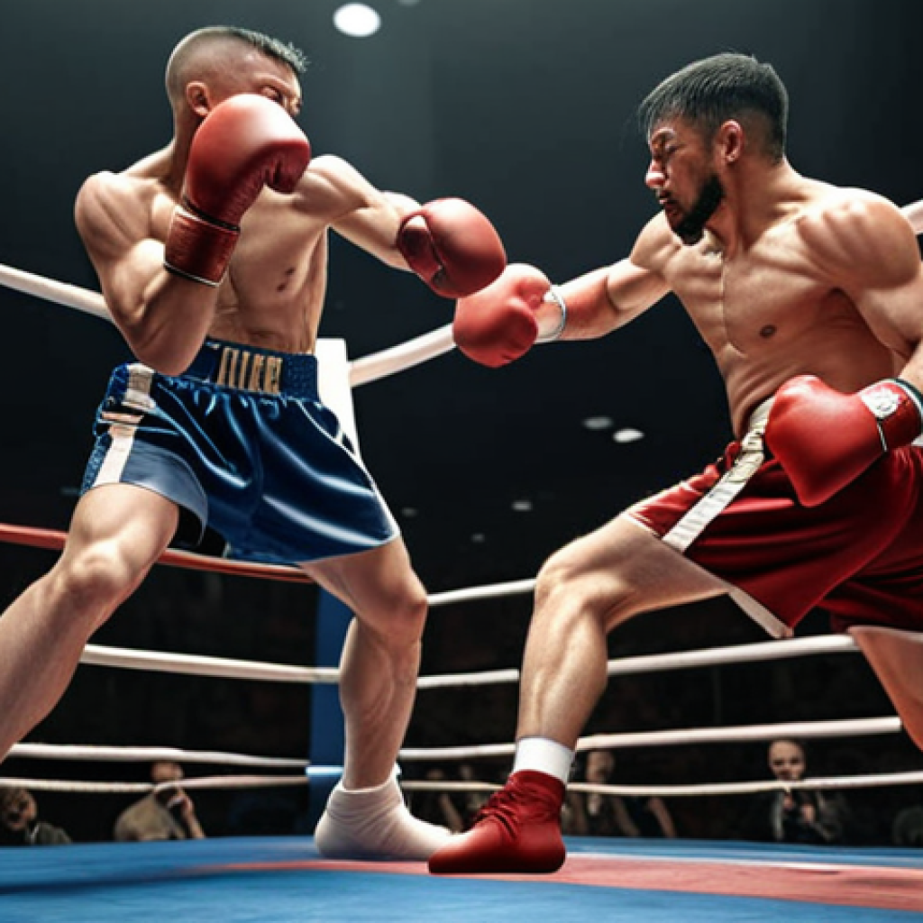 A dynamic boxing ring scene: a fighter skillfully dodging a punch, showcasing agility and speed. Capture the intensity of the moment.