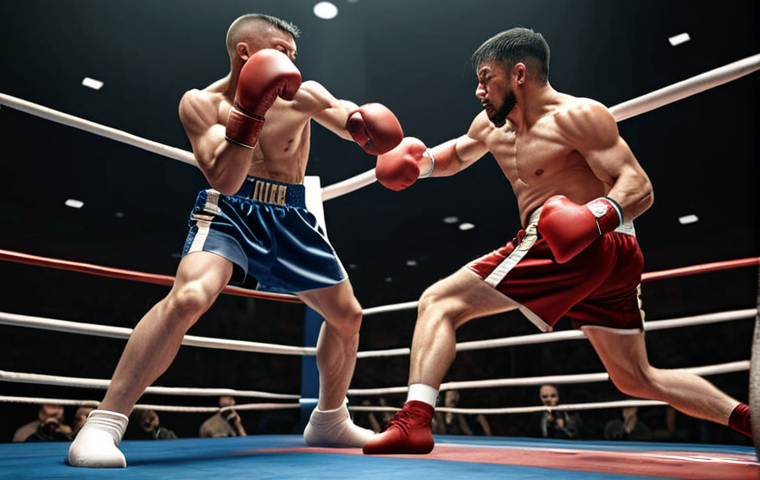 A dynamic boxing ring scene: a fighter skillfully dodging a punch, showcasing agility and speed. Capture the intensity of the moment.