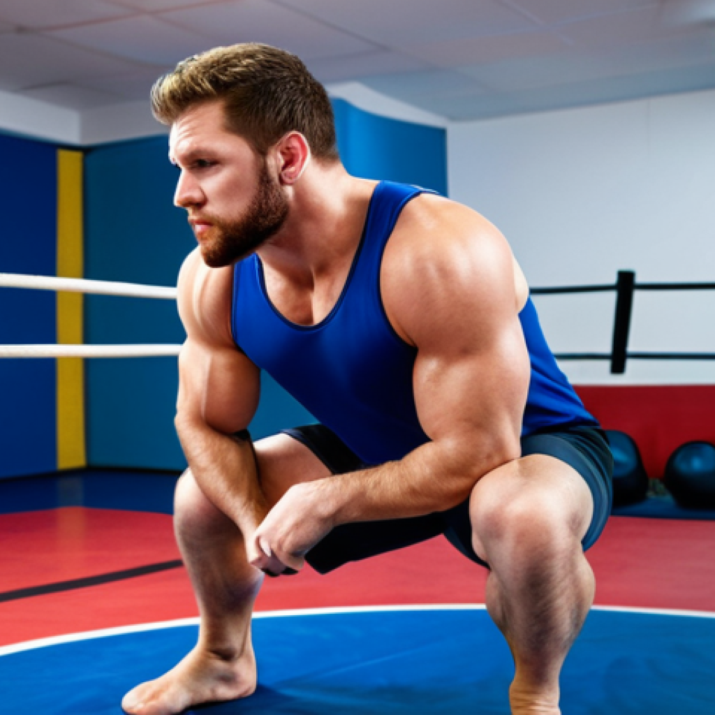 A professional male wrestler in a pristine, well-maintained wrestling training facility, demonstrating perfect athletic posture. He stands with bent knees, chest slightly forward, and a wide, stable base, embodying readiness and dynamic balance. Dressed in a modest, professional wrestling singlet, fully clothed, appropriate attire. The background features a clean, brightly lit wrestling mat and gym equipment, suggesting a dedicated training environment. Safe for work, appropriate content, fully clothed, professional, perfect anatomy, correct proportions, natural pose, well-formed hands, proper finger count, natural body proportions, high-quality professional photography, studio lighting, sharp focus, athletic discipline, technical precision.
