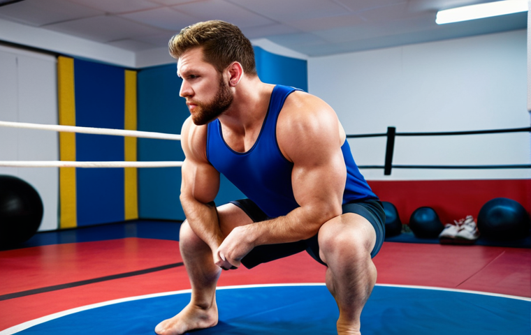 A professional male wrestler in a pristine, well-maintained wrestling training facility, demonstrating perfect athletic posture. He stands with bent knees, chest slightly forward, and a wide, stable base, embodying readiness and dynamic balance. Dressed in a modest, professional wrestling singlet, fully clothed, appropriate attire. The background features a clean, brightly lit wrestling mat and gym equipment, suggesting a dedicated training environment. Safe for work, appropriate content, fully clothed, professional, perfect anatomy, correct proportions, natural pose, well-formed hands, proper finger count, natural body proportions, high-quality professional photography, studio lighting, sharp focus, athletic discipline, technical precision.