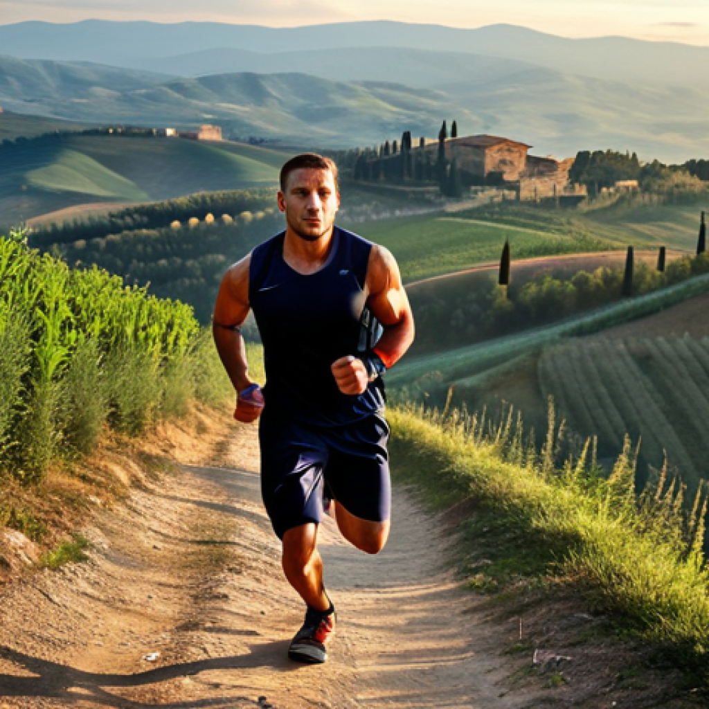 Cardio Fitness**

"A determined MMA fighter, fully clothed in athletic wear, running up a steep hill in the Tuscan countryside at sunrise, appropriate attire, safe for work, perfect anatomy, natural proportions, professional athletic photography, high quality, modest."

**