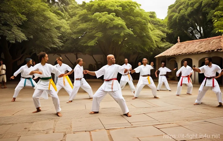 격투기와 카포에이라 비교 - **Capoeira: The Strategic Game**
A focused, intense image capturing two capoeiristas in a strate... 격투기와 카포에이라 비교 - **Capoeira: The Strategic Game**
A focused, intense image capturing two capoeiristas in a strate...