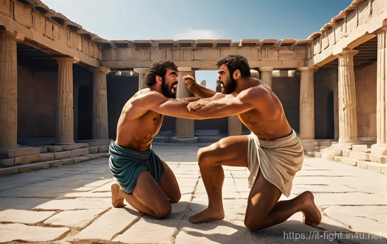 격투기 역사적 사건 정리 - **Prompt:** A vivid, realistic painting depicting two ancient Greek Pankration athletes locked in a ...