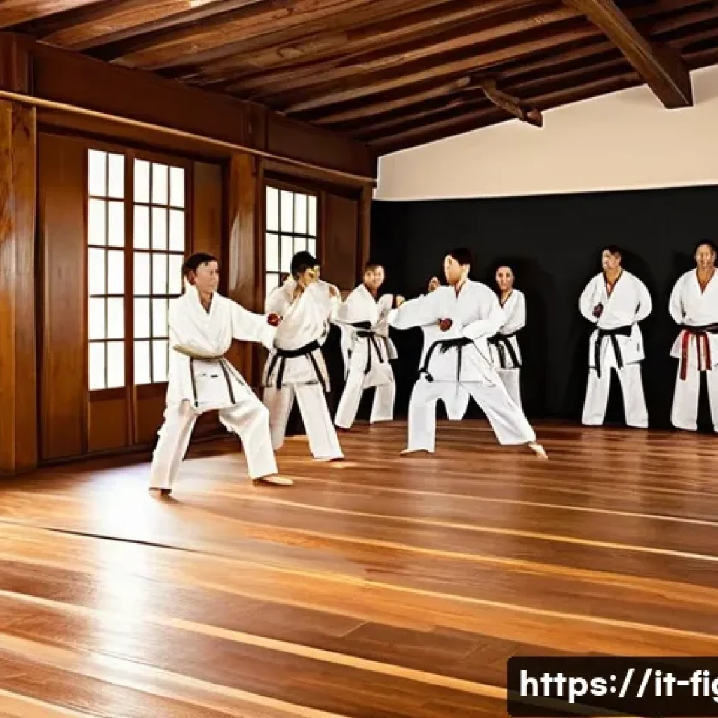 격투기 클럽 가입 방법 - A modern martial arts dojo in Italy with natural light streaming through large windows, showing a di...
