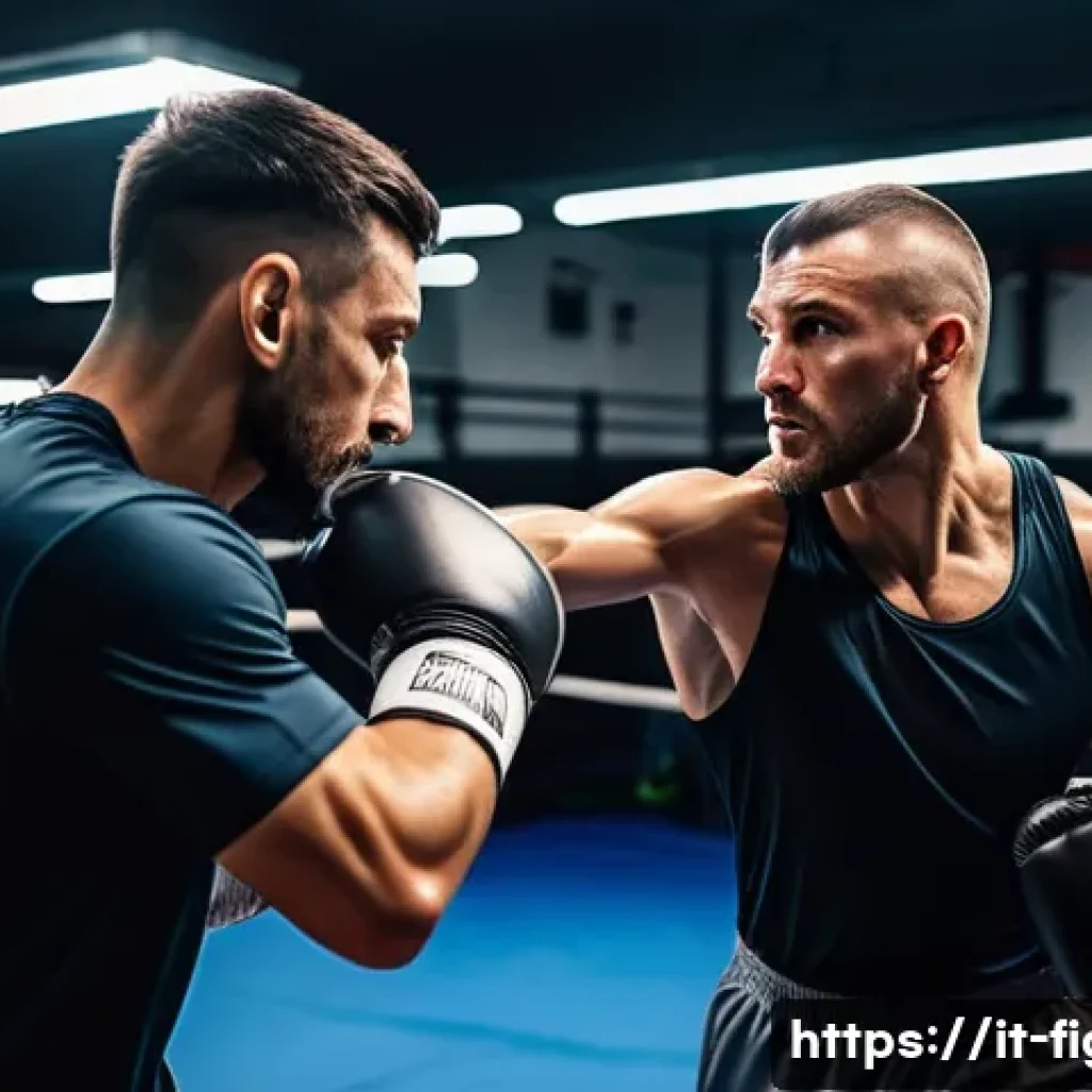 격투기 스트라이킹 기술 심화 - A dynamic training scene inside a modern Italian boxing gym, showcasing a skilled male athlete in hi...