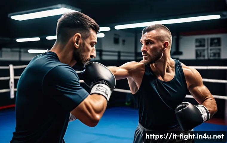 격투기 스트라이킹 기술 심화 - A dynamic training scene inside a modern Italian boxing gym, showcasing a skilled male athlete in hi...