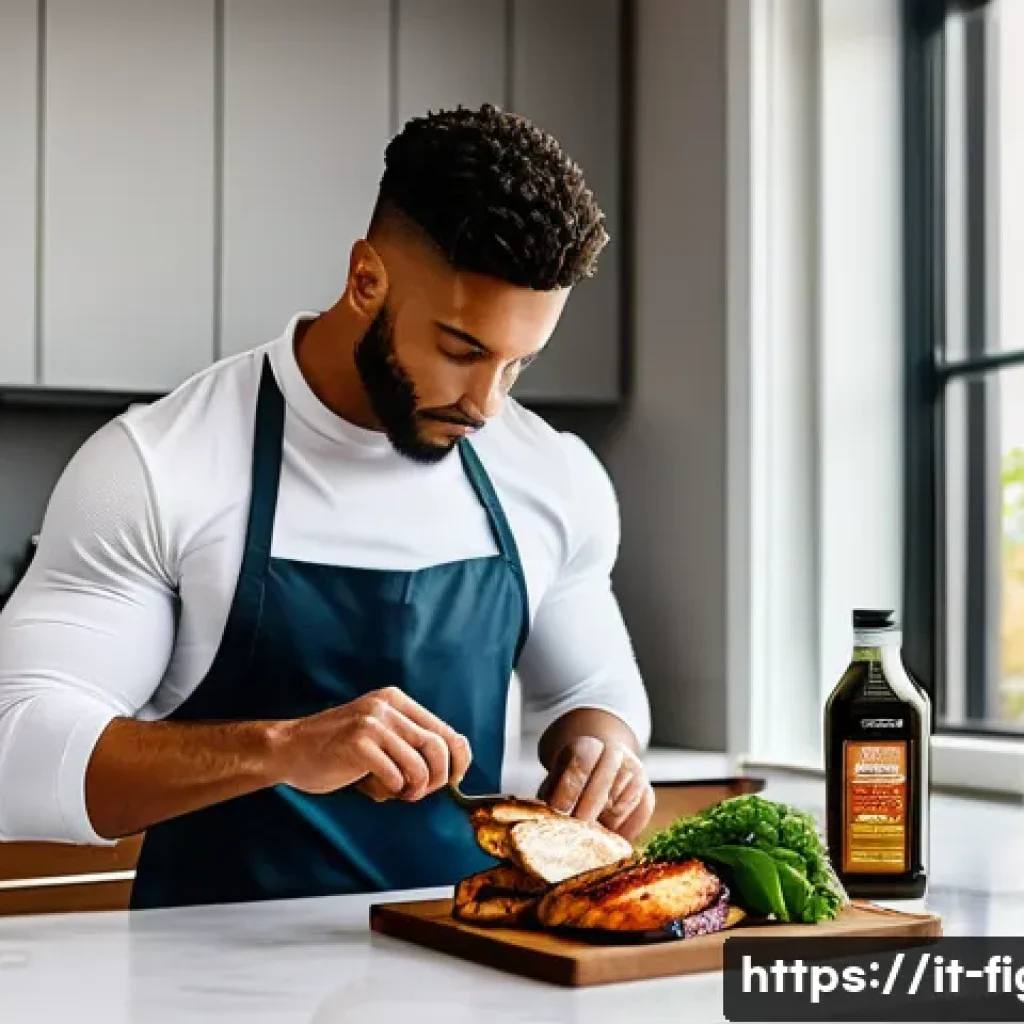 격투기 체중 감량 성공 사례 - A professional MMA athlete in a modern kitchen preparing a balanced meal featuring grilled chicken b...
