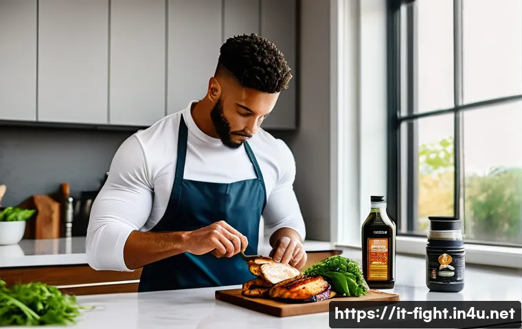 격투기 체중 감량 성공 사례 - A professional MMA athlete in a modern kitchen preparing a balanced meal featuring grilled chicken b...