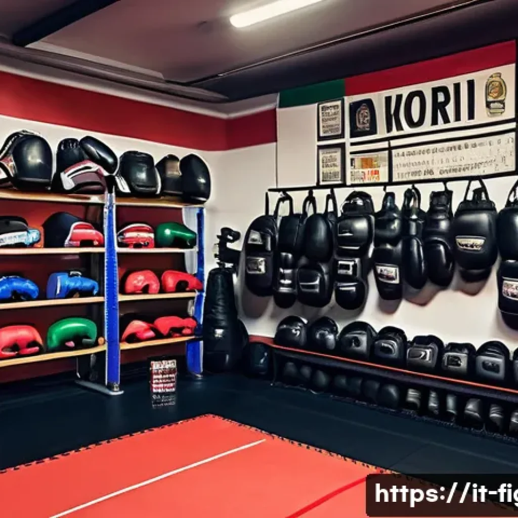 격투기 장비 대여 서비스 - A detailed scene inside a modern Italian martial arts gym showing a beginner athlete carefully tryin...