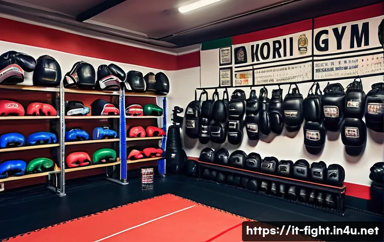 격투기 장비 대여 서비스 - A detailed scene inside a modern Italian martial arts gym showing a beginner athlete carefully tryin...