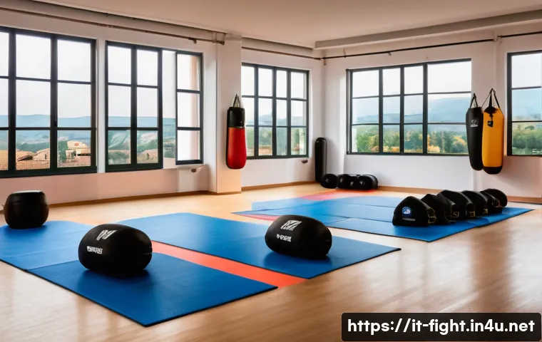 격투기 트레이닝 비용 - A modern martial arts gym interior in Italy during an evening class, featuring a diverse group of ad...