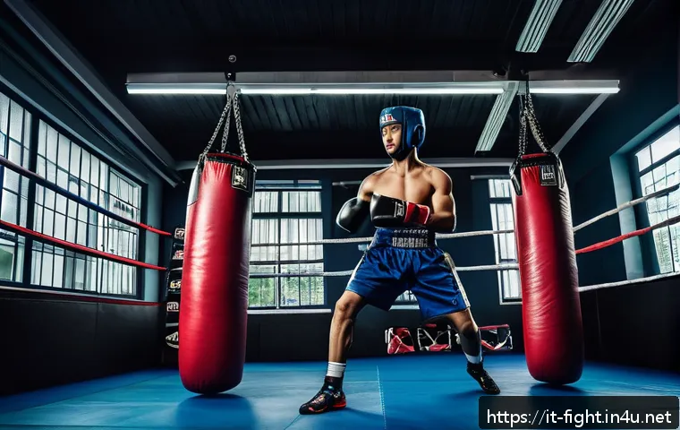 격투기 스파링 파트너 찾기 - A dynamic training scene inside a modern Milanese martial arts gym, featuring two male fighters spar...