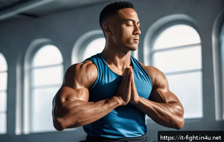 격투기 경기 중 심리적 압박 - A focused martial artist practicing diaphragmatic breathing in a serene gym environment, wearing com...