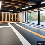 격투기 훈련 장소 인테리어 - A modern martial arts gym interior bathed in natural daylight streaming through large floor-to-ceili...
