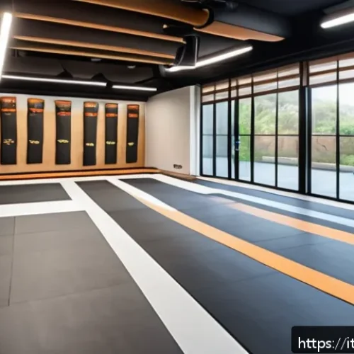 격투기 훈련 장소 인테리어 - A modern martial arts gym interior bathed in natural daylight streaming through large floor-to-ceili...