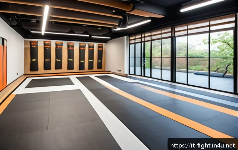 격투기 훈련 장소 인테리어 - A modern martial arts gym interior bathed in natural daylight streaming through large floor-to-ceili...