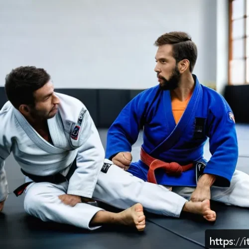 격투기 개인 레슨 비용 - A professional martial arts instructor teaching a private Brazilian Jiu-Jitsu lesson in a modern gym...