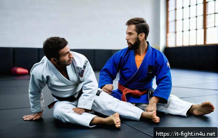 격투기 개인 레슨 비용 - A professional martial arts instructor teaching a private Brazilian Jiu-Jitsu lesson in a modern gym...
