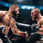 격투기 선수별 전적 비교 - A dynamic MMA fight scene inside a modern octagon cage, showcasing two skilled fighters mid-action: ...