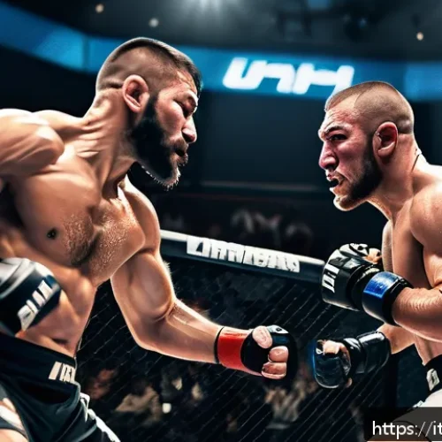 격투기 선수별 전적 비교 - A dynamic MMA fight scene inside a modern octagon cage, showcasing two skilled fighters mid-action: ...