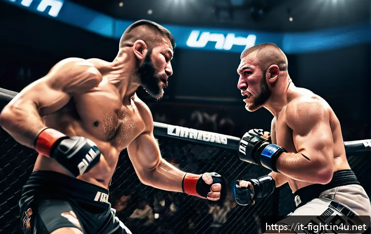 격투기 선수별 전적 비교 - A dynamic MMA fight scene inside a modern octagon cage, showcasing two skilled fighters mid-action: ...