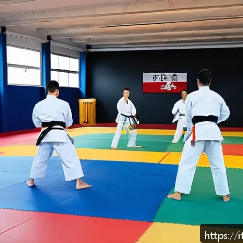 격투기 연습 장소 광주 - A spacious, modern martial arts dojo in an Italian city, featuring clean tatami mats and separate wa...