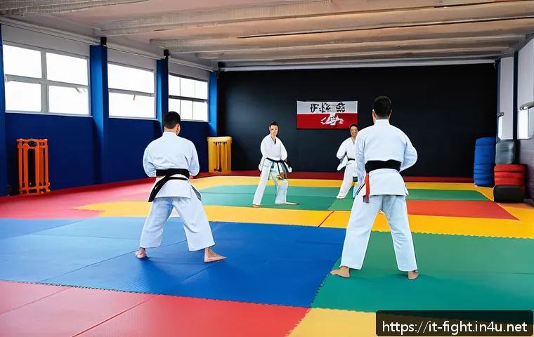 격투기 연습 장소 광주 - A spacious, modern martial arts dojo in an Italian city, featuring clean tatami mats and separate wa...
