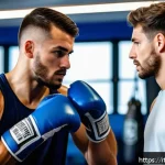 격투기 스토리텔링 콘텐츠 - A focused young Italian male boxer in his mid-20s training intensely in a modern gym, wearing profes...