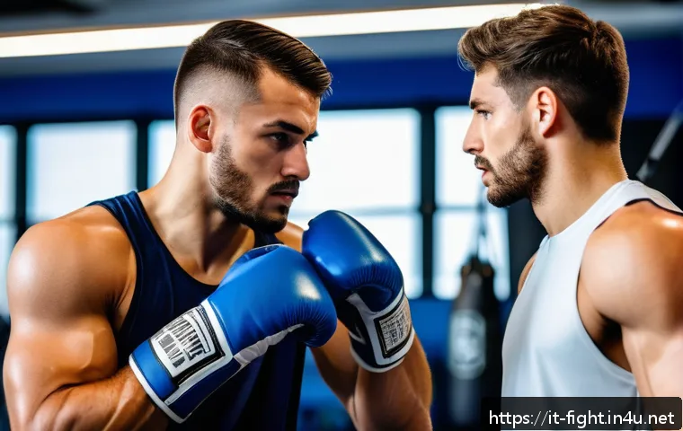 격투기 스토리텔링 콘텐츠 - A focused young Italian male boxer in his mid-20s training intensely in a modern gym, wearing profes...