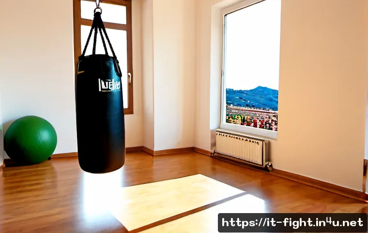Home 17 격투기 개인 훈련 도구 - Photorealistic home combat sports training corner in a bright Italian apartment, neatly arranged fre...